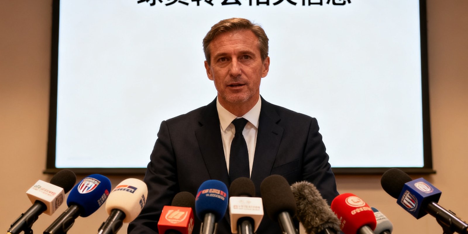 新闻发布会上一位身着西装的俱乐部官员面对众多记者麦克风，背景大屏幕显示球员转会相关信息
